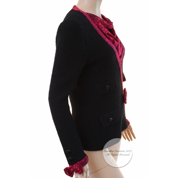 Adolfo Knit Sweater Black Boucle & Pink Printed Silk Saks 5th Ave Vintage HTF - Picture 3 of 6
